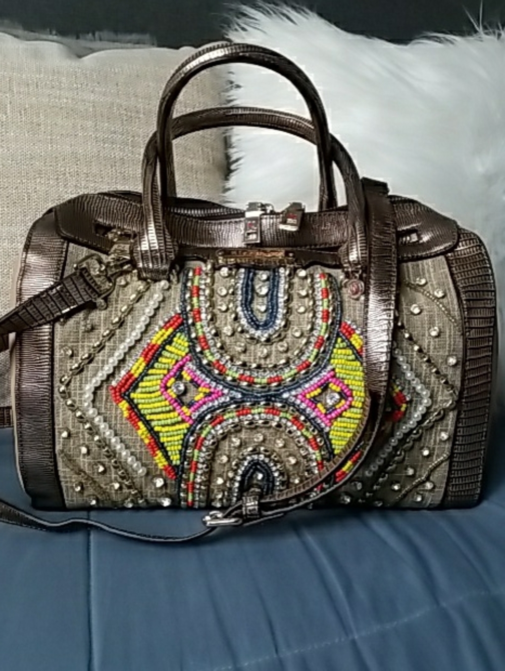 Nicole Lee Metallic Brown Satchel with Multicolor Beadwork